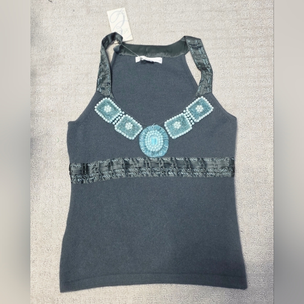 Ebene Blue Gray Beaded Women's Sleeveless Sweater Size 2 NWT